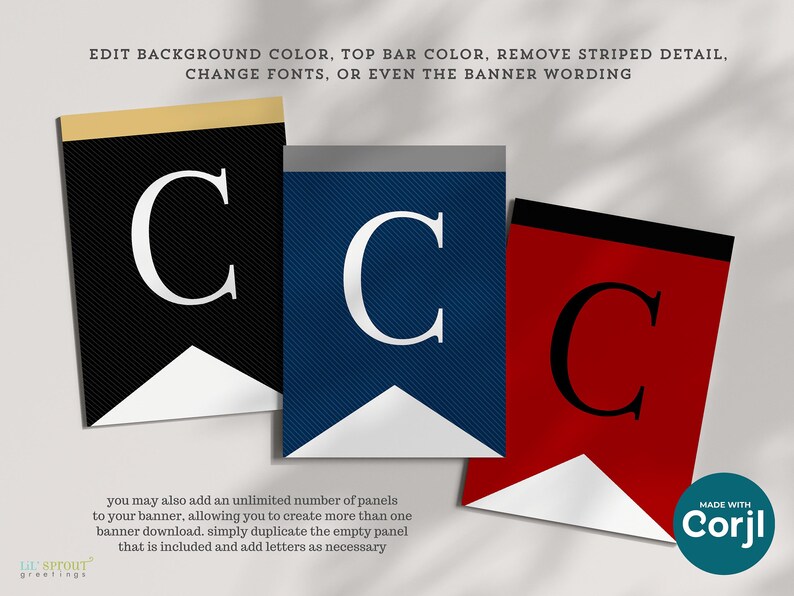 May include: Three swallowtail banner panels featuring the letter C in a serif font. The left panel is black with a gold top bar, the center is blue with a gray top bar, and the right is red with a black top bar. Text reads: EDIT BACKGROUND COLOR, TOP BAR COLOR, REMOVE STRIPED DETAIL, CHANGE FONTS, OR EVEN THE BANNER WORDING. You may also add an unlimited number of panels to your banner, allowing you to create more than one banner download. Simply duplicate the empty panel that is included and add letters as necessary.