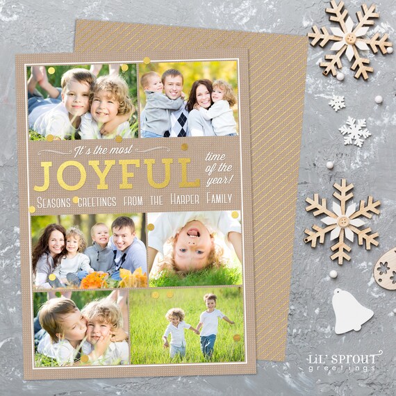 Joyful Gold Kraft Holiday Photo Card - 5x7 inch Multiple Picture Christmas Card Gold Beige - Digital Printable File PDF JPEG - Double sided Il_570xn
