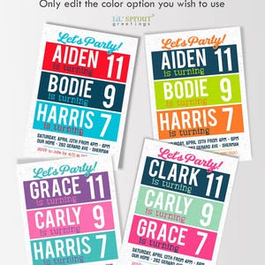 Three Kid Birthday Invitation Template, Editable Triple Party Invite, Customize Online, Instantly Download & Print or Send Digitally image 4