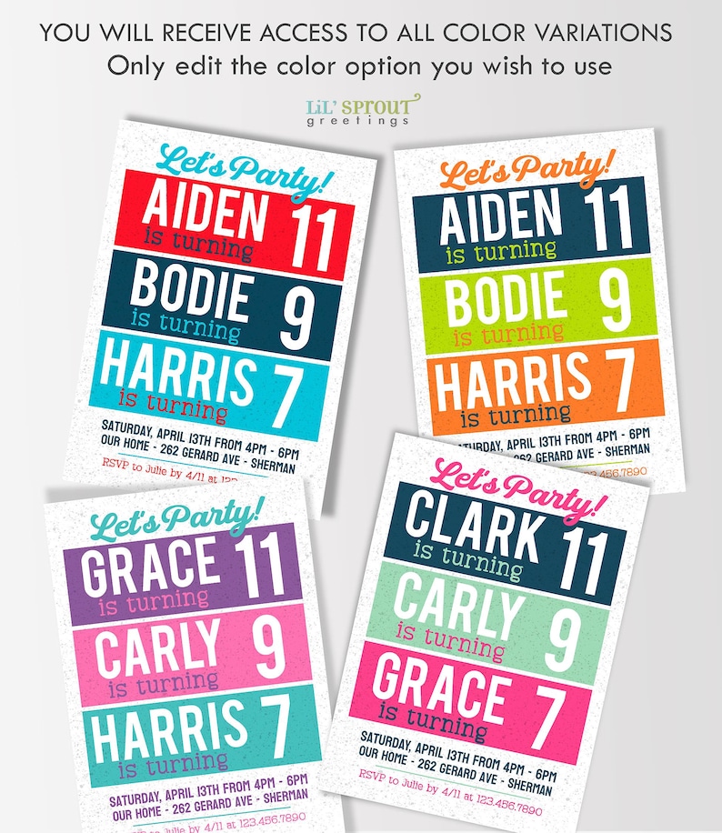Three Kid Birthday Invitation Template, Editable Triple Party Invite, Customize Online, Instantly Download & Print or Send Digitally image 4