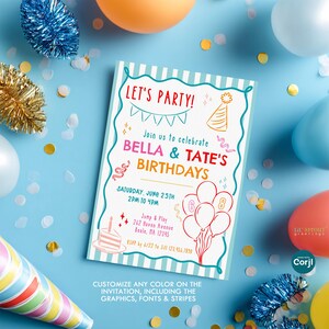 May include: A rectangular birthday invitation card with a light blue and white striped border. The text reads: LET'S PARTY! Join us to celebrate BELLA & TATE'S BIRTHDAYS, SATURDAY, JUNE 25TH 2PM TO 4PM, Jump & Play 262 Haven Avenue Beale, MA 12345, RSVP by 6/22 to Jill 123.456.7890.
