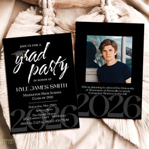 May include: Two black graduation party invitation cards featuring white text and a photo of a young person. The cards display the name Kyle James Smith, Middleton High School, Class of 2026, event details, and a future university plan.