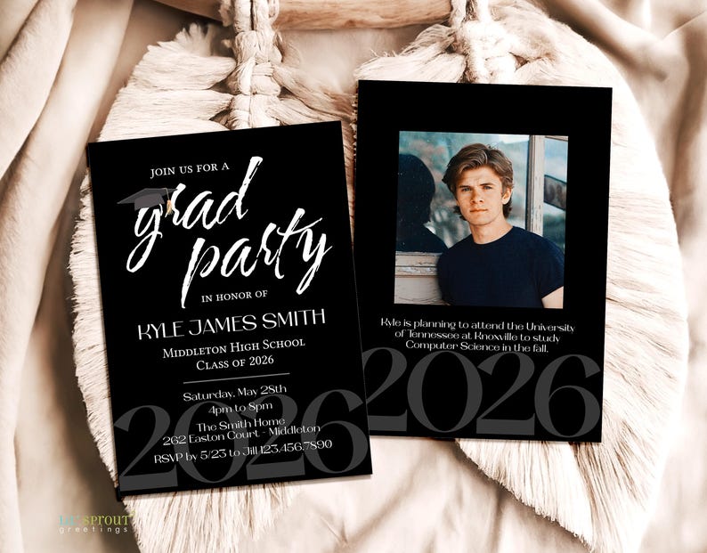 May include: Two black graduation party invitation cards featuring white text and a photo of a young person. The cards display the name Kyle James Smith, Middleton High School, Class of 2026, event details, and a future university plan.
