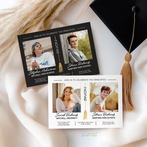 Puede incluir: Dos tarjetas rectangulares de anuncio de graduaci&oacute;n con fotos de estudiantes. Una tarjeta tiene fondo negro, la otra blanco. Ambas muestran el a&ntilde;o 2026 con un gr&aacute;fico de borla dorada, nombres, nombres de escuelas, detalles del evento e informaci&oacute;n de RSVP.