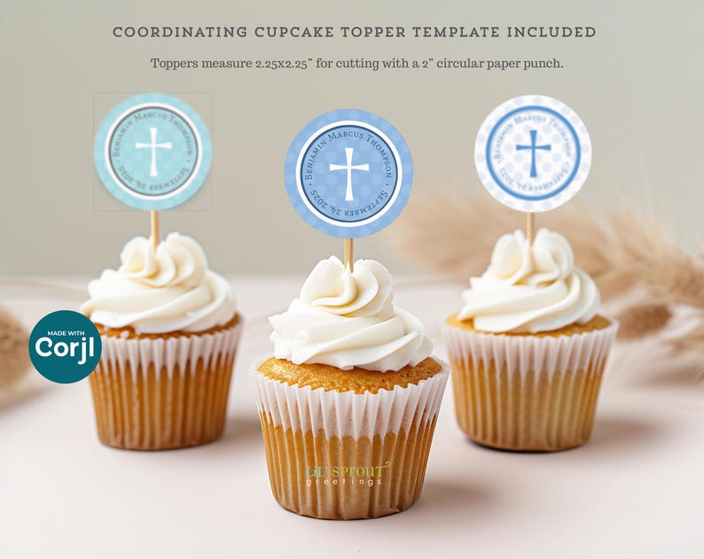 Puede incluir: Tres cupcakes con adornos de papel circulares que presentan una cruz blanca, patrones azules y el texto Benjamin Marcus Thompson September 24, 2025. Los adornos miden 5,72x5,72 cm para cortar con una perforadora de papel circular de 5,08 cm.