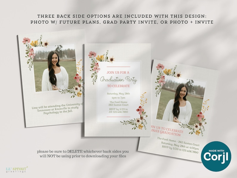 Puede incluir: Tres plantillas de invitaci&oacute;n para fiesta de graduaci&oacute;n con detalles florales en acuarela en rosa, amarillo y verde. Los dise&ntilde;os incluyen marcadores de posici&oacute;n para fotos y texto, con detalles como "Join us for a Graduation Party" y "Lina will be attending the University of Tennessee." El texto en la parte superior dice: "THREE BACK SIDE OPTIONS ARE INCLUDED WITH THIS DESIGN: PHOTO W/ FUTURE PLANS, GRAD PARTY INVITE, OR PHOTO + INVITE."