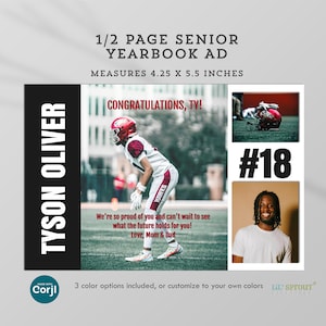 May include: A senior yearbook ad with a football theme. The ad includes a photo of a football player in a Hawks uniform, a photo of a football helmet, and a photo of a smiling young man. The ad measures 4.25 x 5.5 inches.