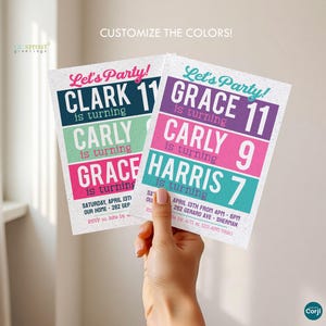May include: Two rectangular birthday party invitations with white speckled backgrounds. The text includes Let's Party, names like Clark, Grace, Carly, and Harris, ages 7, 9, and 11, plus event details including Saturday, April 13th, 262 Gerard Ave, and 123.456.7890.