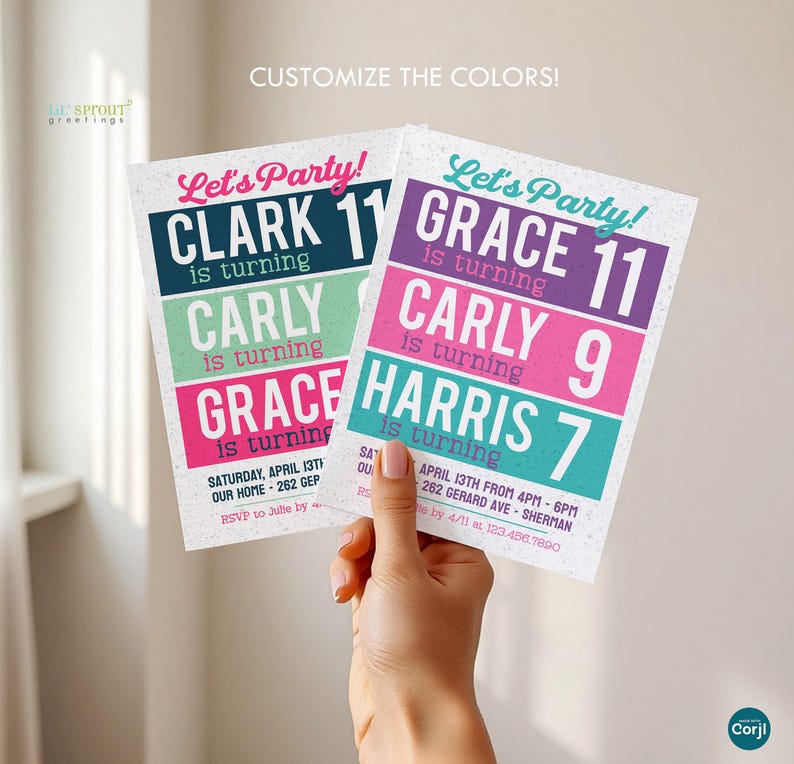 May include: Two rectangular birthday party invitations with white speckled backgrounds. The text includes Let's Party, names like Clark, Grace, Carly, and Harris, ages 7, 9, and 11, plus event details including Saturday, April 13th, 262 Gerard Ave, and 123.456.7890.