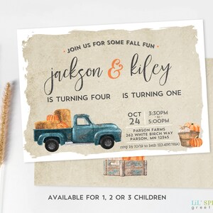 Faire-part d'anniversaire commun automne camion bleu - 1, 2 ou 3 enfants - fichier imprimable numérique ou E-vite - inviter frères et sœurs ferme citrouilles