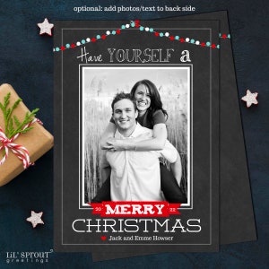 Merry Lights Chalkboard Holiday Christmas Photo Card Red Green or Red Blue Portrait or Landscape Single Photo Card Print Your Own DIY image 1