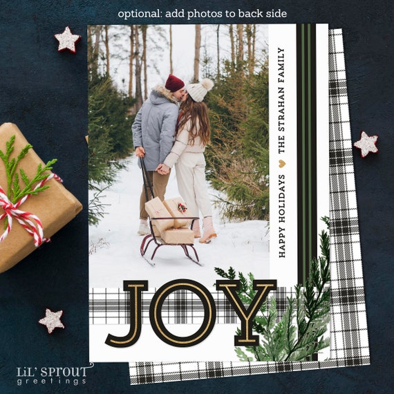 Black White Plaid Printable Christmas Photo Card - 5x7 inch Digital File Holiday Card - PDF JPEG Print Your Own - Double Sided Design Il_570xn