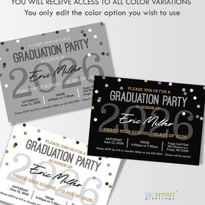 May include: Three rectangular graduation party invitation templates in gray, black, and white color schemes. Each features the text "GRADUATION PARTY", "Eric Miller", "CLASS OF 2026", and event details including date, time, and location, accented by confetti dots.