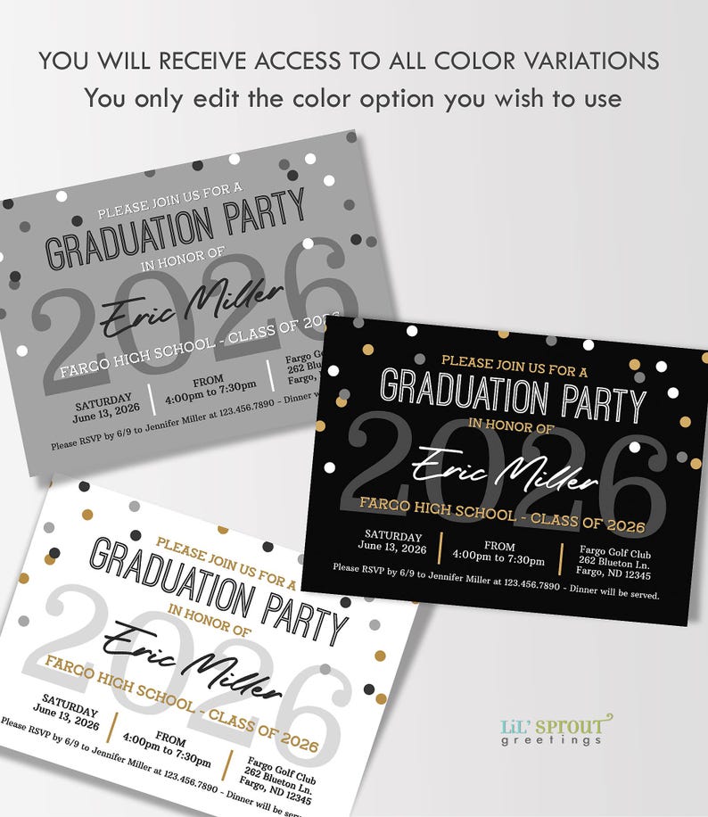 May include: Three rectangular graduation party invitation templates in gray, black, and white color schemes. Each features the text "GRADUATION PARTY", "Eric Miller", "CLASS OF 2026", and event details including date, time, and location, accented by confetti dots.