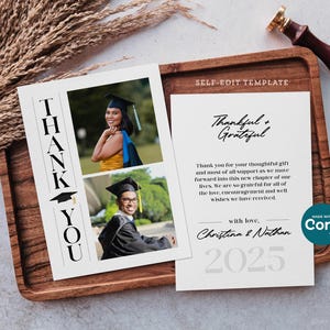 Modèle de carte de remerciement commun pour l'obtention du diplôme, mot de remerciement pour frères et sœurs diplômés 2025 avec photo, fichier numérique modifiable de 5 x 7 pouces à télécharger et à imprimer