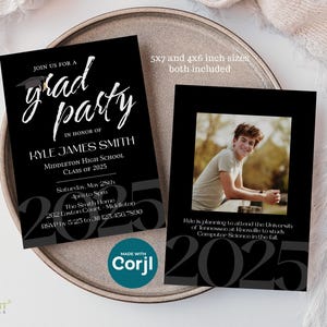 Plantilla de invitación para fiesta de graduación 2025, con opción para agregar foto, edición en línea con Corjl, incluye tarjetas de 4x6" y 5x7".