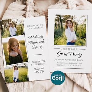 Plantilla de invitación de graduación simple de 5 x 7, anuncio de graduación de 2025 con fotos, edición en línea con Corjl, descarga e impresión, no requiere software