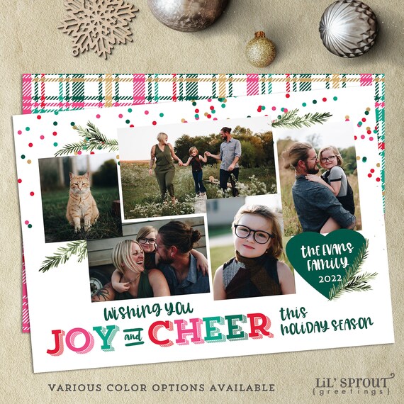 Joy & Cheer Colorful Christmas Photo Card - 5x7 inch Fun Holiday Card Digital File - Print Your Own DIY - JPEG PDF file - Double Sided Card Il_570xn