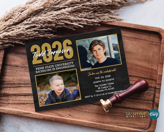 Then & Now Graduation Announcement Template with Photo, 5x7 Editable Grad Invitation, Customize Colors Online, Edit and Instantly Download
