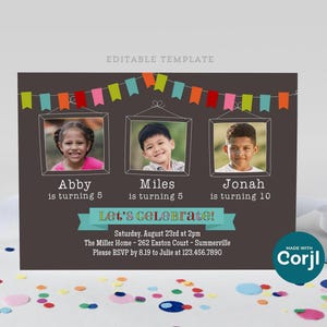 Editable Triple Photo Birthday Invitation for 3 Kids, Sibling Party Invite Template with Colorful Bunting, DIY Self-Edit Digital Download