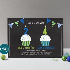 Invitación de cumpleaños editable con dos cupcakes para niños, plantilla de invitación para 2 niños, edición en línea con Corjl, descarga digital e impresión, correo electrónico y texto.