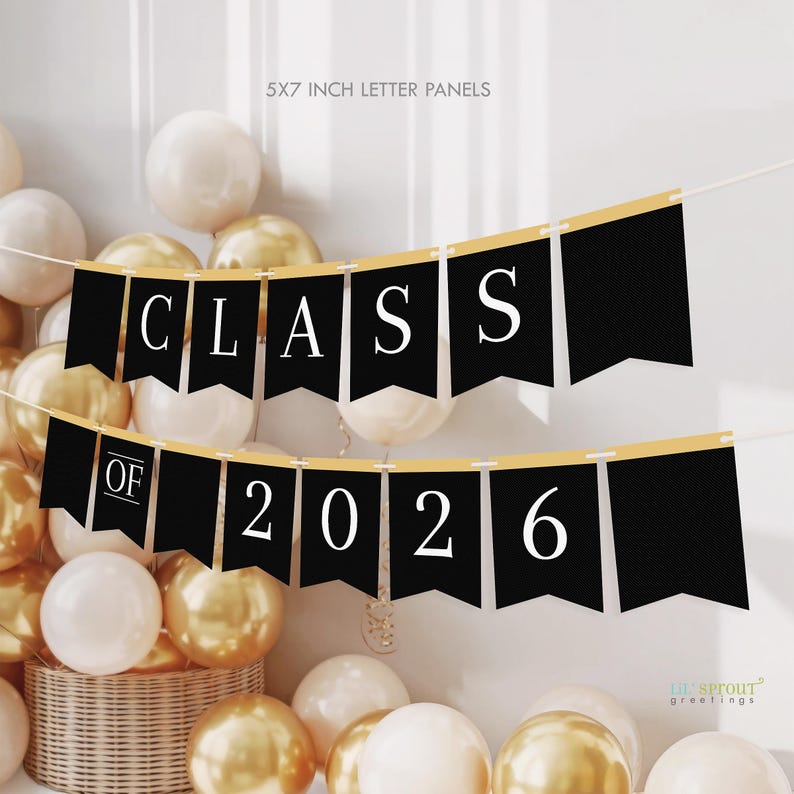 class of 2026 banner with individual letter panels in a black background with faint white stripes, a gold bar at the top and white letters that spell out CLASS of 2026