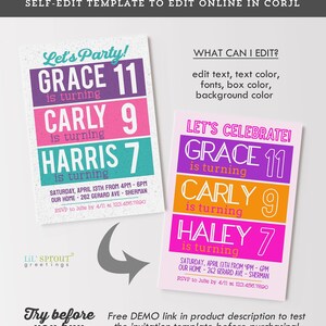 May include: Two rectangular birthday invitation templates with editable text. The left card features purple, pink, and teal blocks with the text Let's Party! Grace 11, Carly 9, and Harris 7. The right card has purple, orange, and pink blocks with Let's Celebrate! Grace 11, Carly 9, and Haley 7.