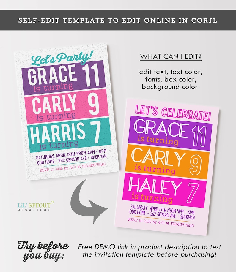 May include: Two rectangular birthday invitation templates with editable text. The left card features purple, pink, and teal blocks with the text Let's Party! Grace 11, Carly 9, and Harris 7. The right card has purple, orange, and pink blocks with Let's Celebrate! Grace 11, Carly 9, and Haley 7.