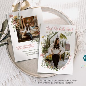 Puede incluir: Dos tarjetas de anuncio de graduaci&oacute;n con bordes florales y fotograf&iacute;as de una persona. El texto dice: Join us to celebrate Lina's graduation, The Ford Home, Saturday, May 28th, RSVP by 5/23, Lina Michelle Ford, Class of 2026, Gregory High School.