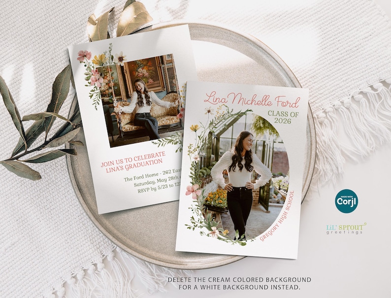 Puede incluir: Dos tarjetas de anuncio de graduaci&oacute;n con bordes florales y fotograf&iacute;as de una persona. El texto dice: Join us to celebrate Lina's graduation, The Ford Home, Saturday, May 28th, RSVP by 5/23, Lina Michelle Ford, Class of 2026, Gregory High School.