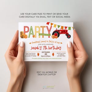 May include: A rectangular birthday invitation card featuring a red tractor, pumpkins, hay bales, and colorful bunting. The text reads PARTY, it's time for a, PUMPKINS, LEAVES & STACKS of hay, join us to celebrate, JONAH'S 7th birthday, SEPTEMBER 23, 2pm to 4:30pm.