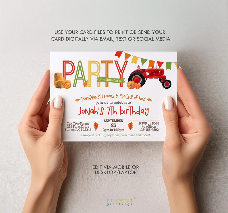 May include: A rectangular birthday invitation card featuring a red tractor, pumpkins, hay bales, and colorful bunting. The text reads PARTY, it's time for a, PUMPKINS, LEAVES & STACKS of hay, join us to celebrate, JONAH'S 7th birthday, SEPTEMBER 23, 2pm to 4:30pm.