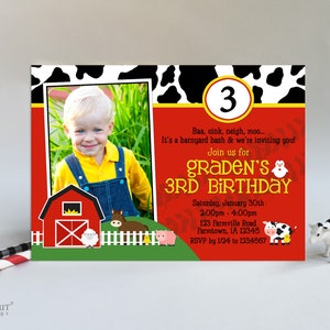 Invitation d'anniversaire de ferme de basse-cour avec photo, faire-part de fête numérique personnalisé, garçon ou fille, fichier imprimable PDF ou JPG, imprimez vos propres cartes