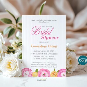 DIY Rosa Blumen Brautdusche einladen Vorlage, bearbeitbare Hochzeit Dusche Einladung Garten Thema, Selbst online bearbeiten mit Corjl, digitaler Download