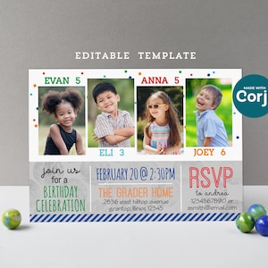 Editable Joint Birthday Invite for 4 Children - Kids Group Party Invite 5x7 Template w/ Photos - Edit Online w/ Corjl, Download Digital File