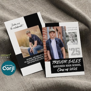 Plantilla de invitación de graduación para chicos, anuncio fotográfico de graduación de 2025 para estudiantes de secundaria o universidad, tarjeta de 12,7 x 18,8 cm, edición en línea, descarga e impresión.