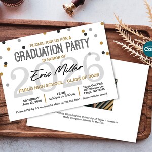 May include: A white graduation party invitation card featuring black and gold confetti dots, the text "Please join us for a graduation party in honor of Eric Miller", "Class of 2026", event details, and a location address in Fargo, North Dakota.