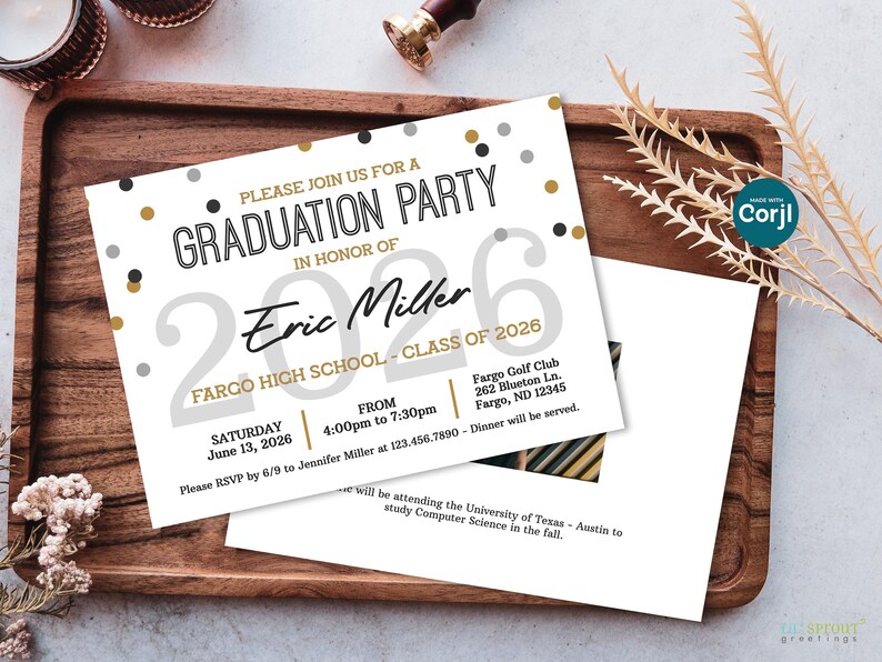 May include: A white graduation party invitation card featuring black and gold confetti dots, the text "Please join us for a graduation party in honor of Eric Miller", "Class of 2026", event details, and a location address in Fargo, North Dakota.