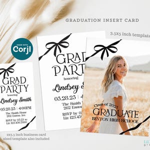 Plantilla de tarjeta de graduación para niñas con foto y detalle de lazo, invitación para fiesta de graduación, 8,9 x 5 cm y 12,7 x 8,9 cm, edición en línea, descarga e impresión.