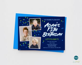 Boys 13th Birthday Photo Invite - 5x7 Editable Party Invitation Template - Edit Online w/ Corjl, Instantly Download Digital File & Print