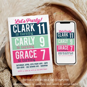 May include: A rectangular birthday invitation card and a smartphone displaying the same design. The invitation features the text Let's Party! Clark is turning 11, Carly is turning 9, and Grace is turning 7, with event details including the date, time, address, and RSVP information.