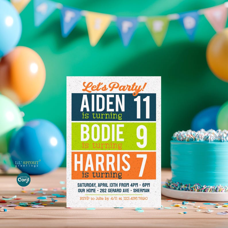 May include: A rectangular birthday invitation card with a white speckled background. The text reads: Let's Party! AIDEN 11 is turning, BODIE 9 is turning, HARRIS 7 is turning. Includes date, time, location, and RSVP details in dark blue, green, and orange.