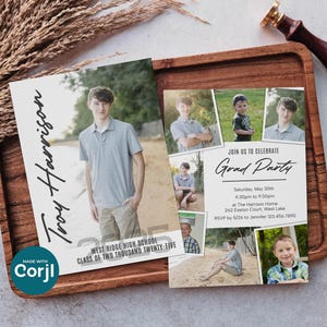 Anuncio de graduación con collage de varias fotografías, plantilla de invitación de graduación editable para Corjl, clase de 2025 de doble cara para estudiantes de último año de secundaria