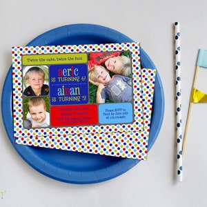 Joint Birthday Party Invitation Printable Digital File, Invite Design with Photos for Two Siblings Kids, Print Your Own Cards or Send E-vite Red - Blue