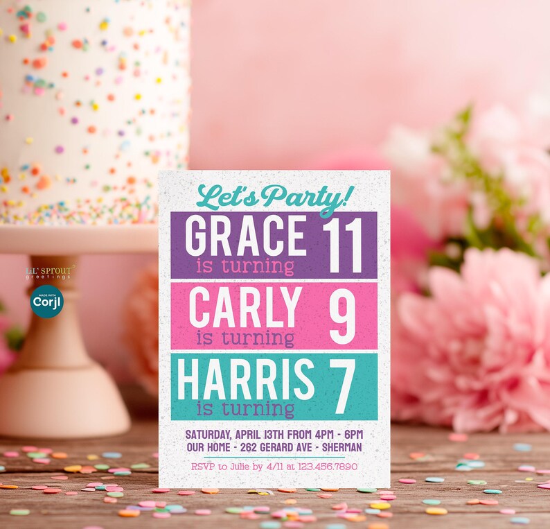 May include: A rectangular birthday invitation card featuring the text Let's Party! followed by three rows with names and ages: Grace 11, Carly 9, and Harris 7. The bottom section includes event details: Saturday, April 13th from 4pm - 6pm at 262 Gerard Ave.