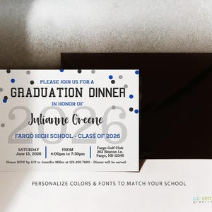 May include: A white graduation dinner invitation card with blue and black confetti dots, featuring the text: PLEASE JOIN US FOR A GRADUATION DINNER IN HONOR OF Julianne Greene 2026 FARGO HIGH SCHOOL - CLASS OF 2026 SATURDAY June 13, 2026 FROM 4:00pm to 7:30pm Fargo Golf Club.