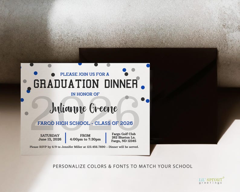 May include: A white graduation dinner invitation card with blue and black confetti dots, featuring the text: PLEASE JOIN US FOR A GRADUATION DINNER IN HONOR OF Julianne Greene 2026 FARGO HIGH SCHOOL - CLASS OF 2026 SATURDAY June 13, 2026 FROM 4:00pm to 7:30pm Fargo Golf Club.