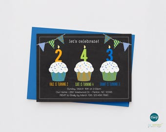 Invitación de cumpleaños con tres cupcakes para 3 niños - Plantilla editable para hermanos - Descarga instantánea - Archivo digital de 13x18 cm