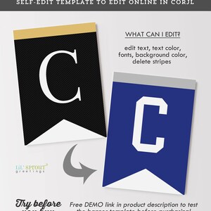 May include: A digital banner template featuring two pennant flags with the letter C. The left flag is black with a gold top border and white serif letter. The right flag is blue with a gray top border and white block letter. Text includes SELF-EDIT TEMPLATE TO EDIT ONLINE IN CORJL, WHAT CAN I EDIT?, edit text, text color, fonts, background color, delete stripes, LIL' SPROUT greetings, Try before you buy, and Free DEMO link in product description to test the banner template before purchasing.