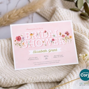 Faire-part de douche nuptiale de fleurs sauvages modifiables, faire-part de douche de mariage bohème floral rose, modèle auto-modifiable 5 x 7, modifier en ligne avec Corjl